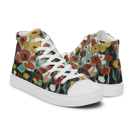 Midnight Poppies on a Men's High Top Canvas Shoes