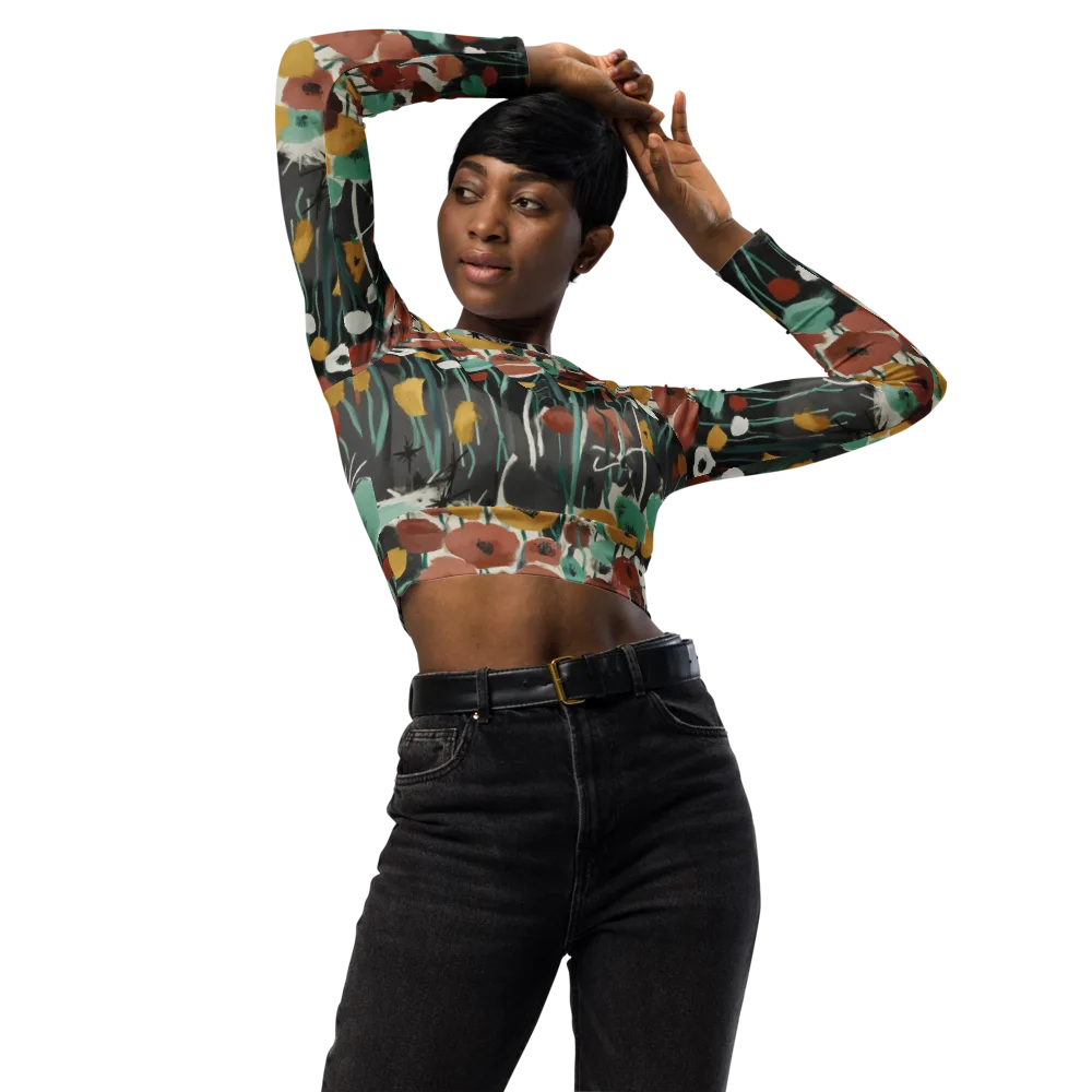 Midnight Poppies on Long Sleeve Crop Top — Front