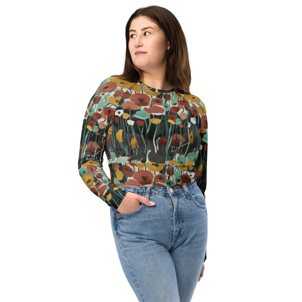 Midnight Poppies on Long Sleeve Crop Top — Front