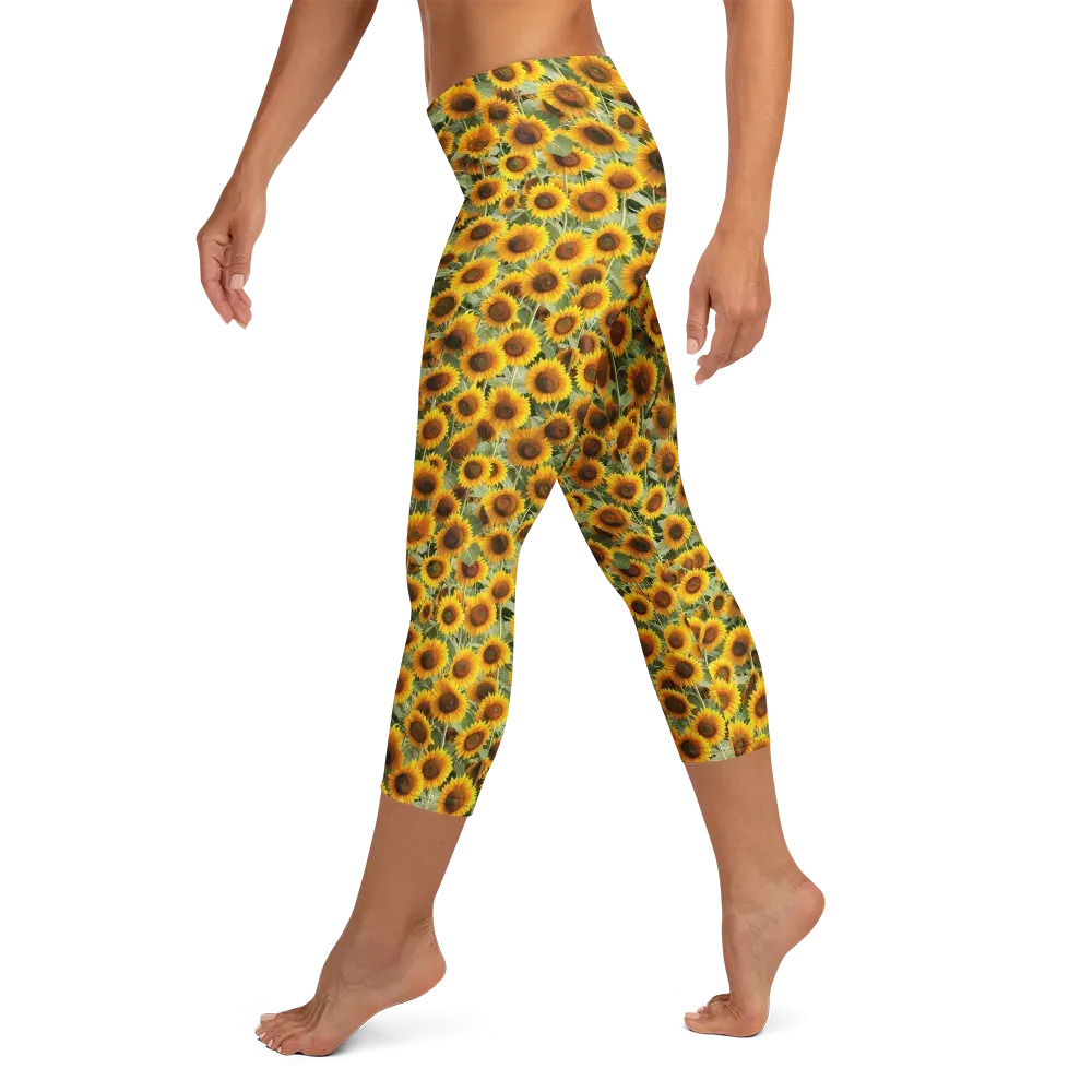 Golden Sunflower Meadow on Capri Leggings — Left