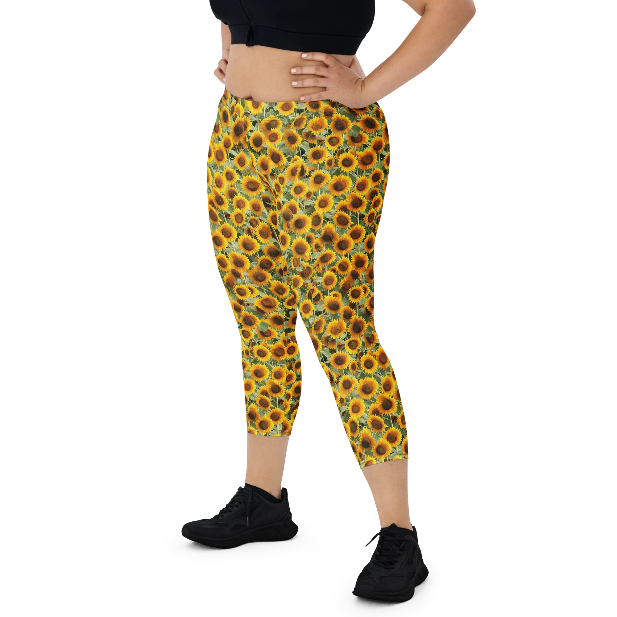 Golden Sunflower Meadow on Capri Leggings — Front