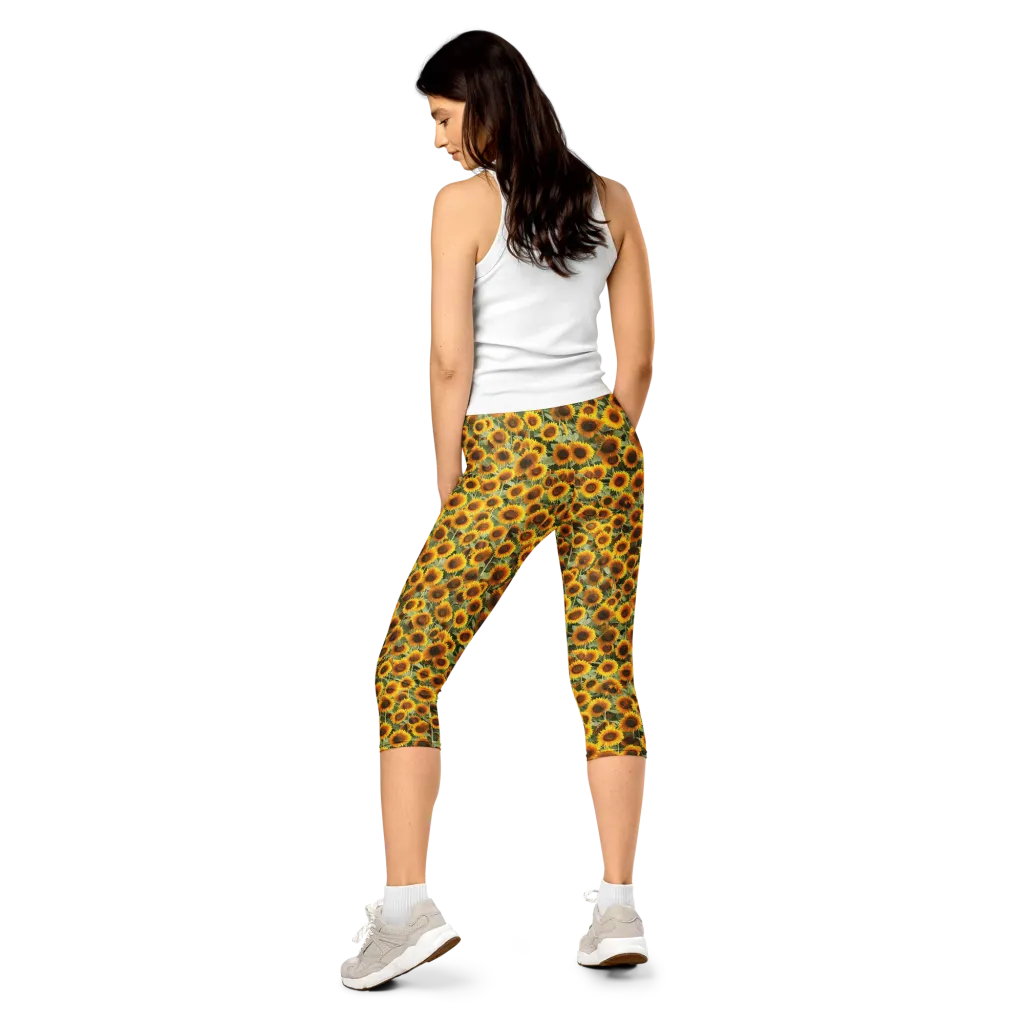 Golden Sunflower Meadow on Capri Leggings — Back