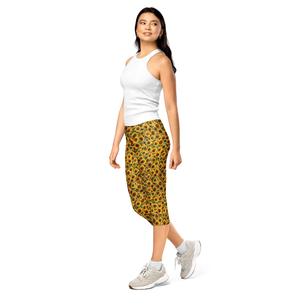 Golden Sunflower Meadow on Capri Leggings — Left Front