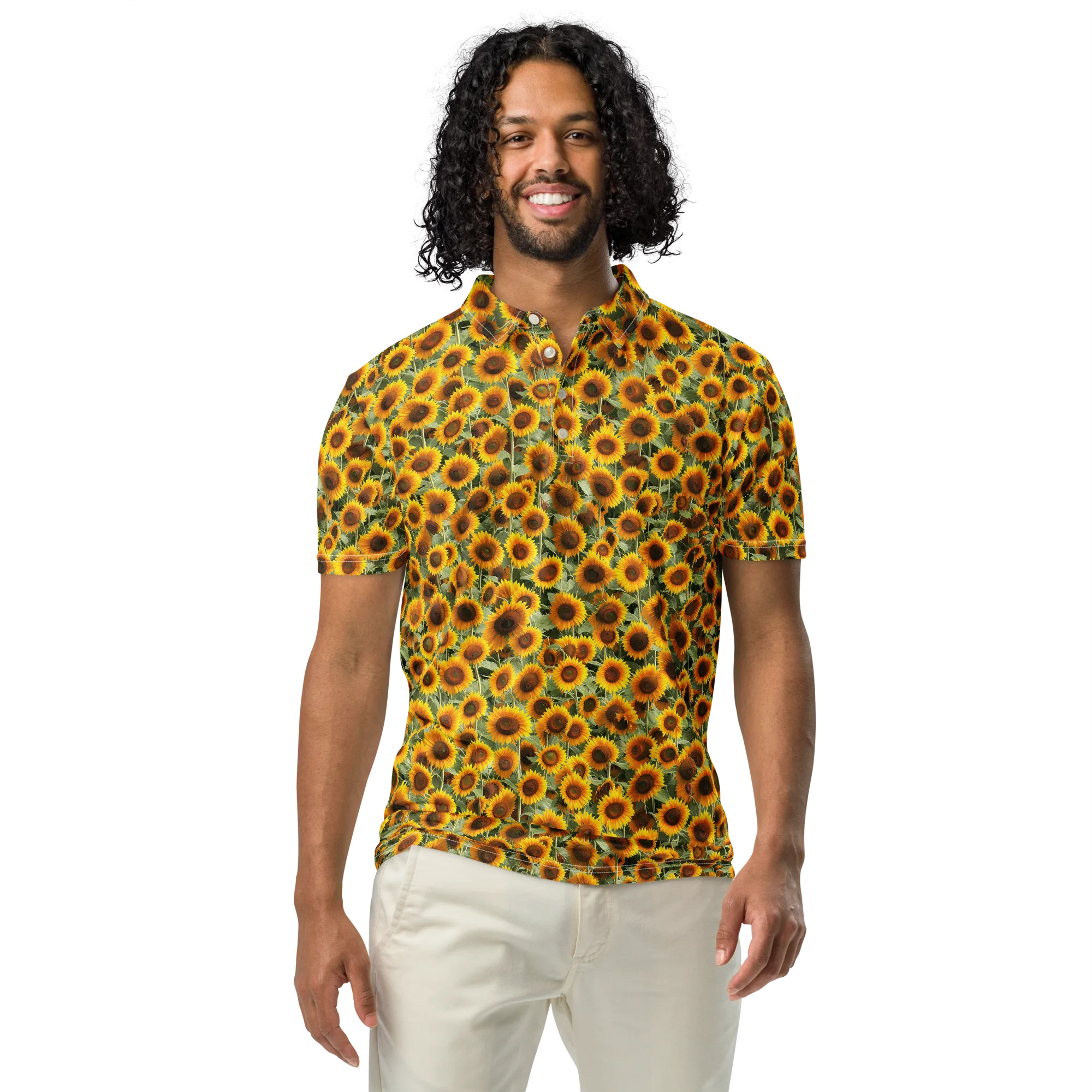 Golden Sunflower Meadow on Men's Slim Fit Polo Shirt — Front