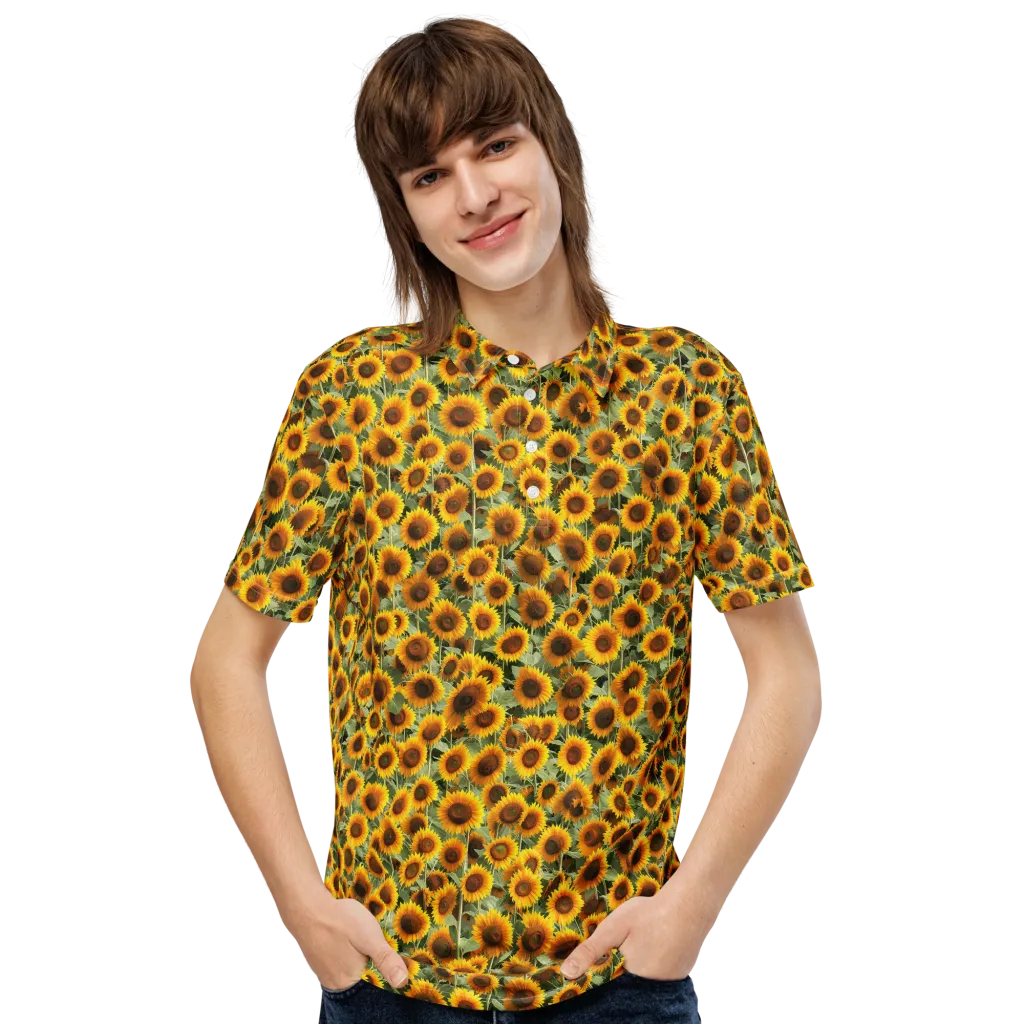 Golden Sunflower Meadow on Men's Slim Fit Polo Shirt — Front