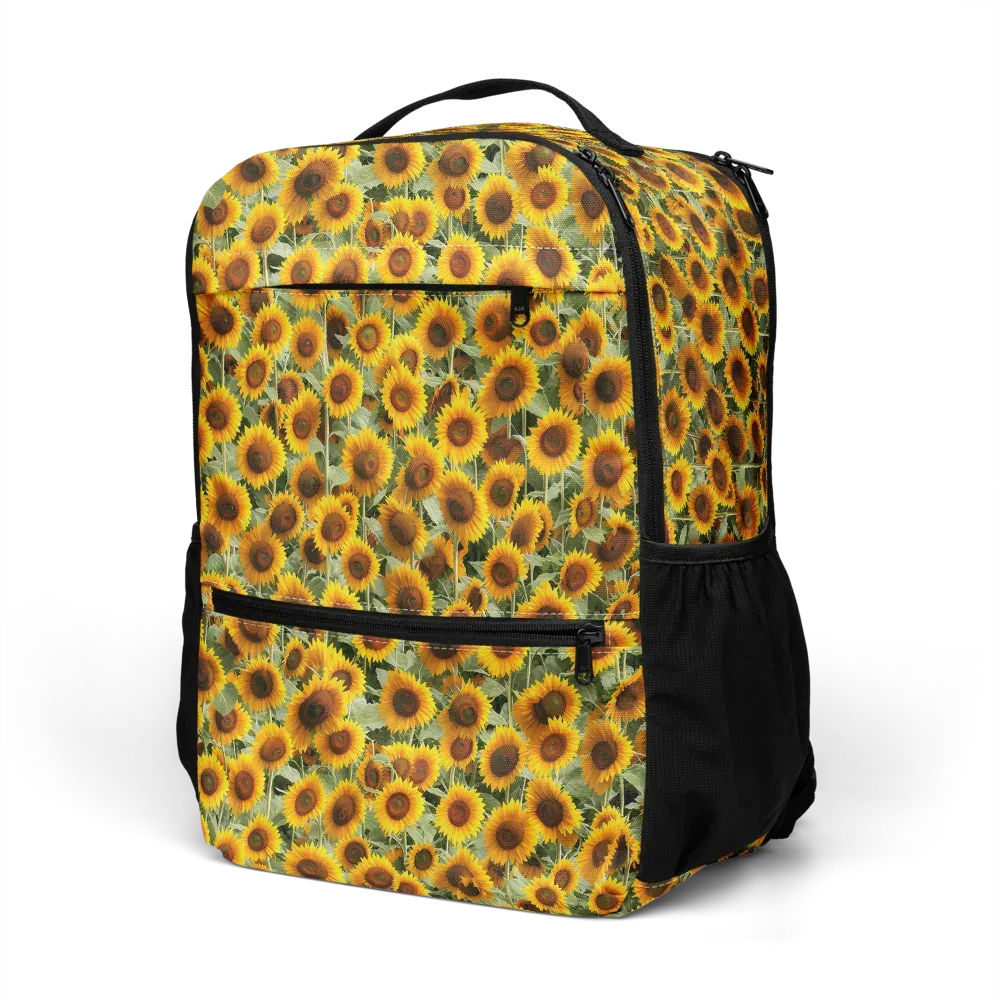Golden Sunflower Meadow on Utility Backpack — Left Front