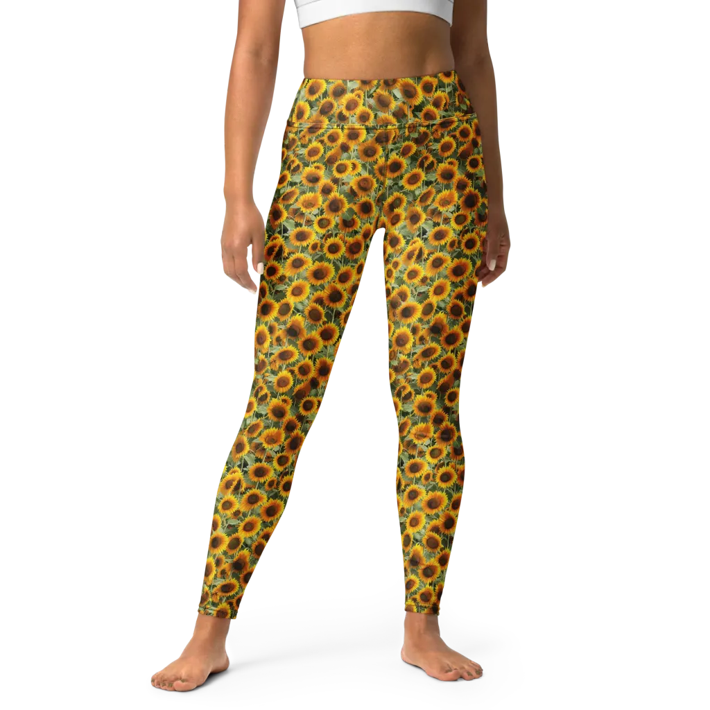 Golden Sunflower Meadow on Yoga Leggings — Front