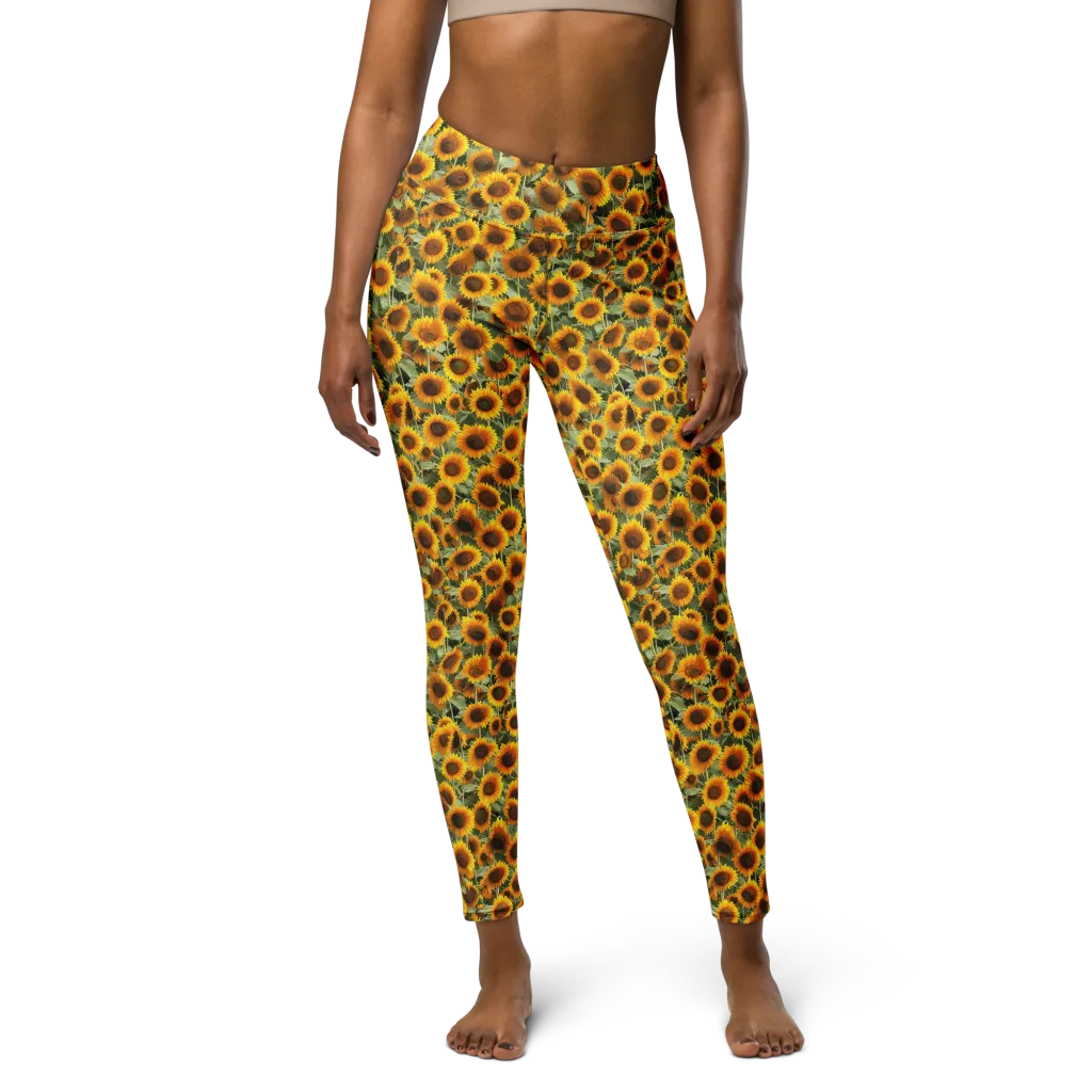 Golden Sunflower Meadow on Yoga Leggings — Front
