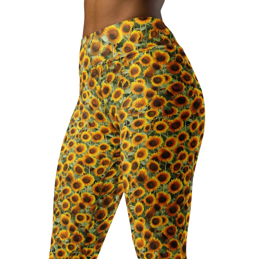 Golden Sunflower Meadow on Yoga Leggings — Left Front