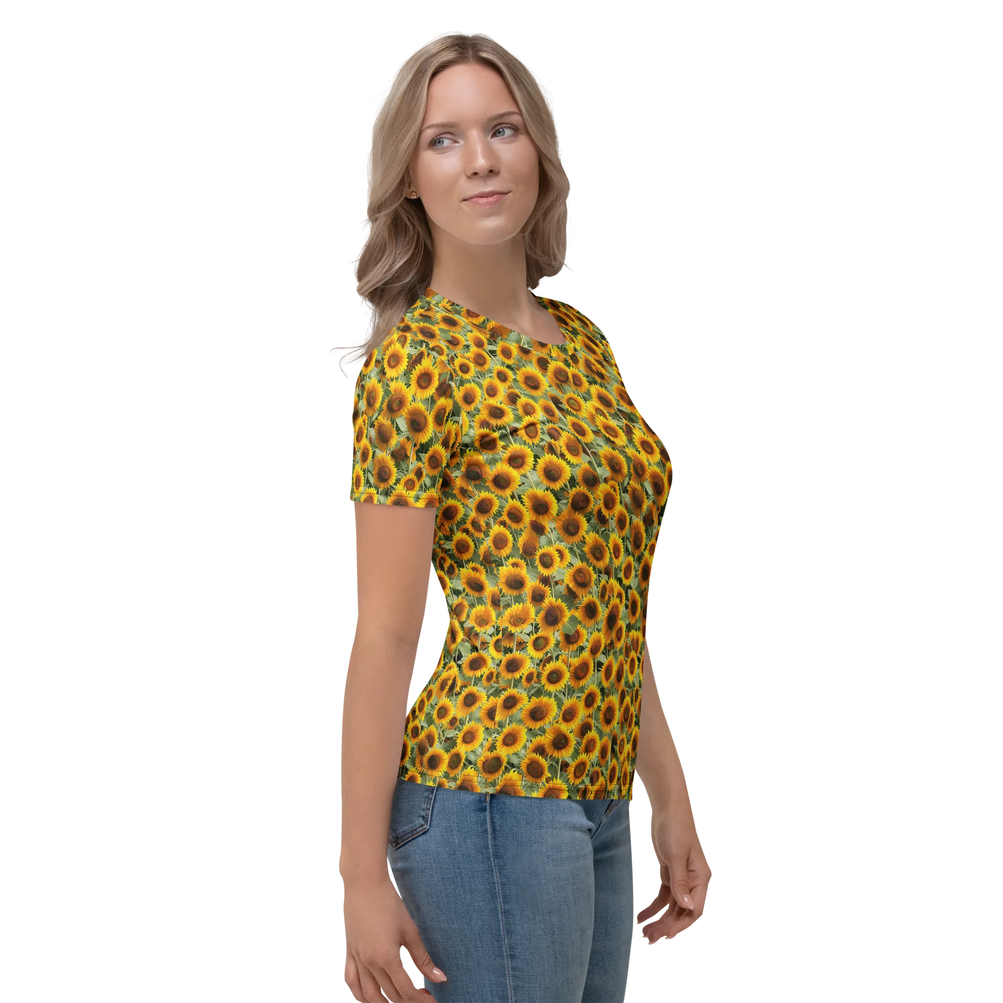 Golden Sunflower Meadow on Women's Crew Neck T-Shirt — Right