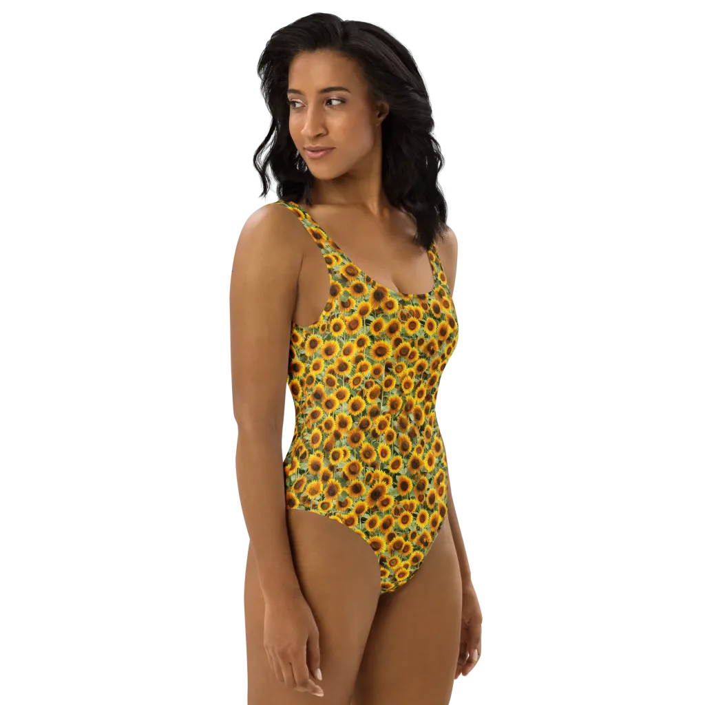 Golden Sunflower Meadow on One-Piece Swimsuit — Right