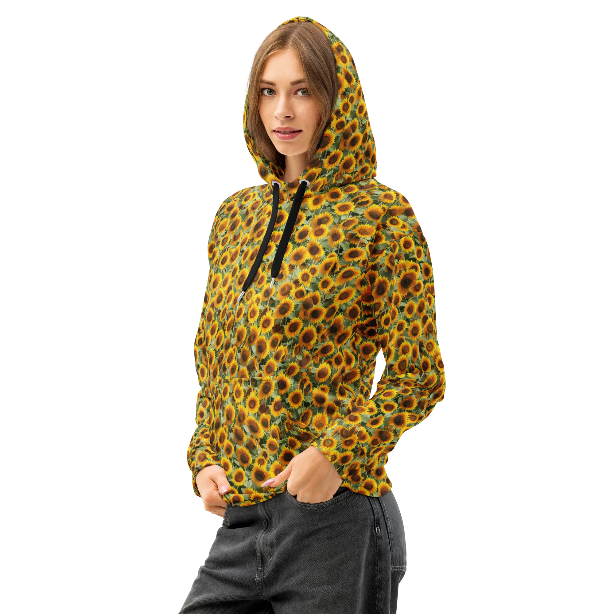 Golden Sunflower Meadow on Cotton Hoodie — Left Front