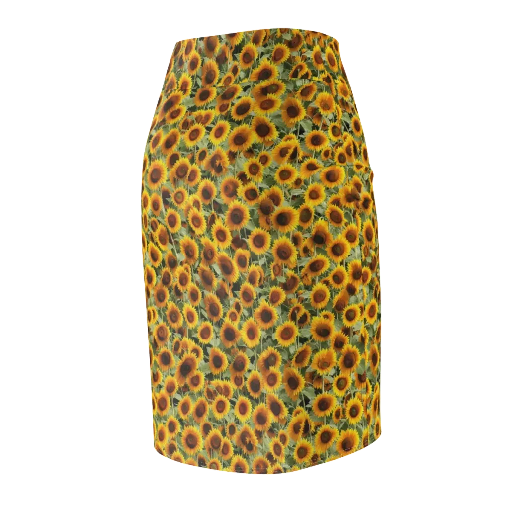 Golden Sunflower Meadow on Pencil Skirt — Back Side
