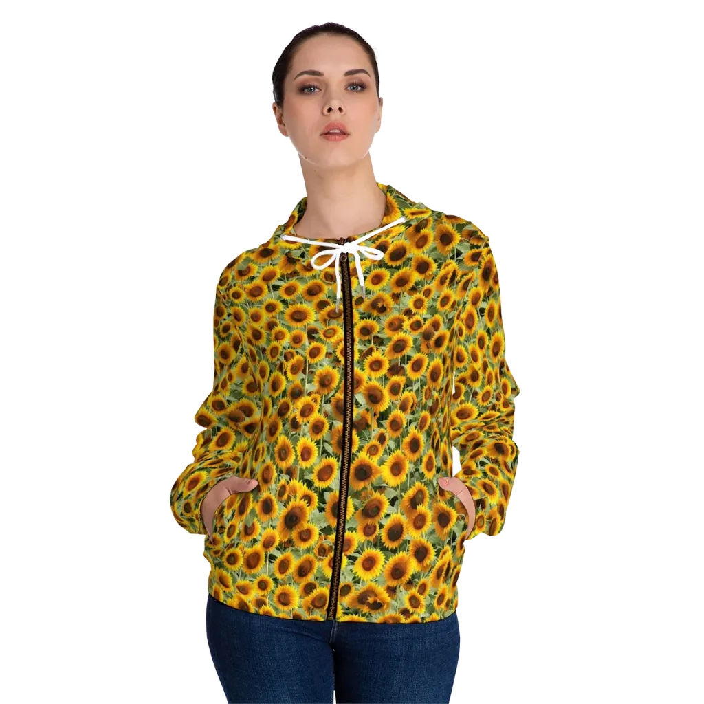 Golden Sunflower Meadow on Women's Full-Zip Hoodie — Front On Person
