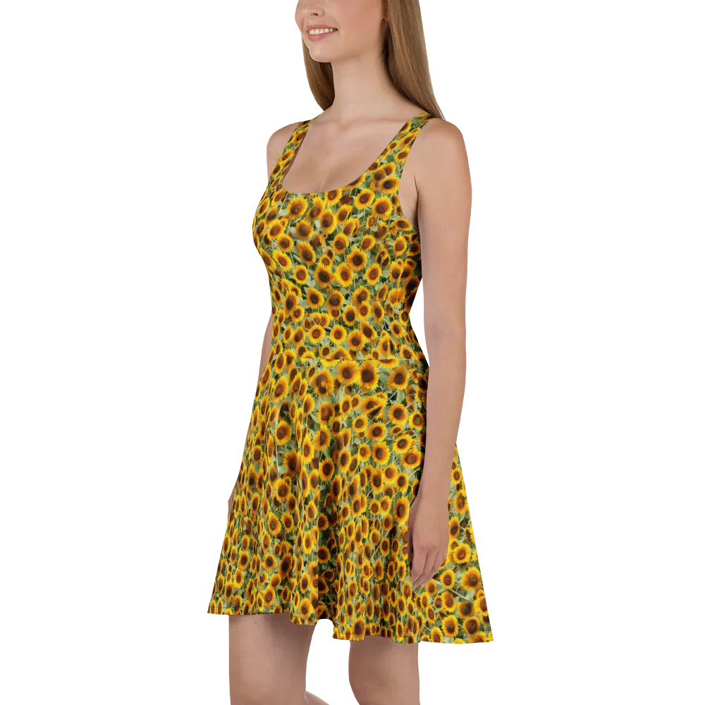 Golden Sunflower Meadow on Skater Dress — Left