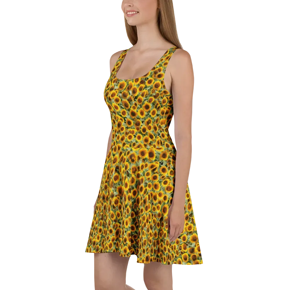 Golden Sunflower Meadow on Skater Dress — Left