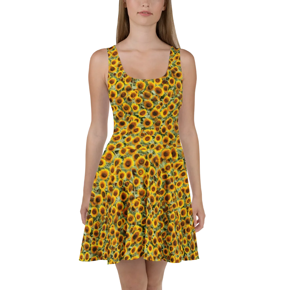 Golden Sunflower Meadow on Skater Dress — Front