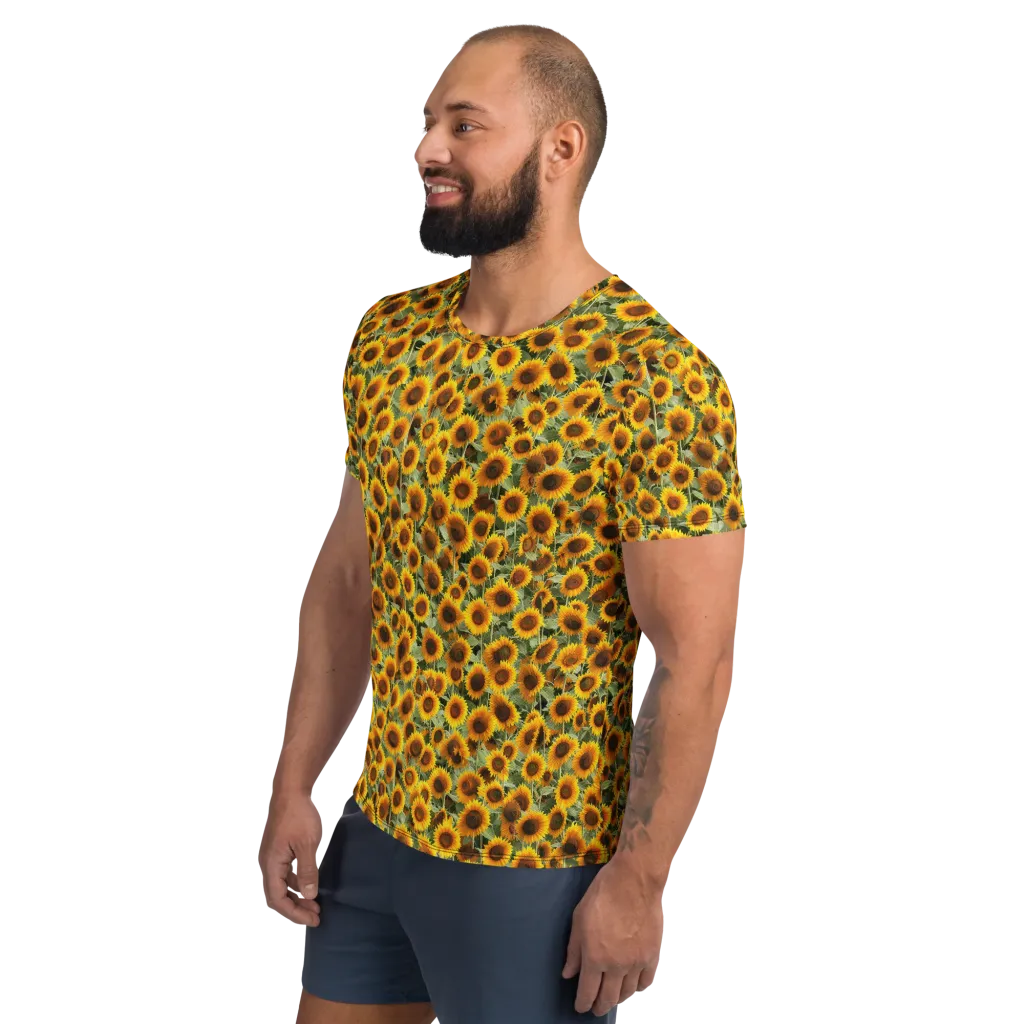 Golden Sunflower Meadow on Men's Athletic T-Shirt — Left
