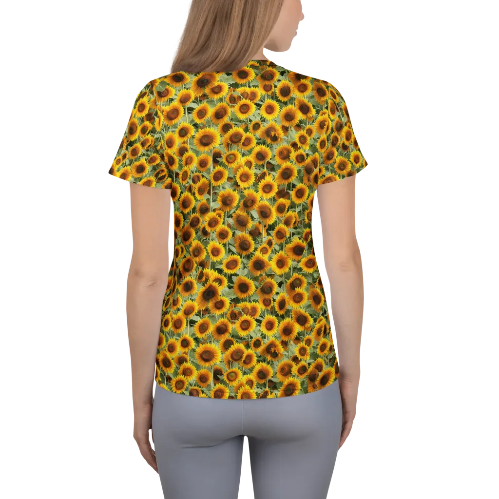 Golden Sunflower Meadow on Women's Athletic T-Shirt — Back