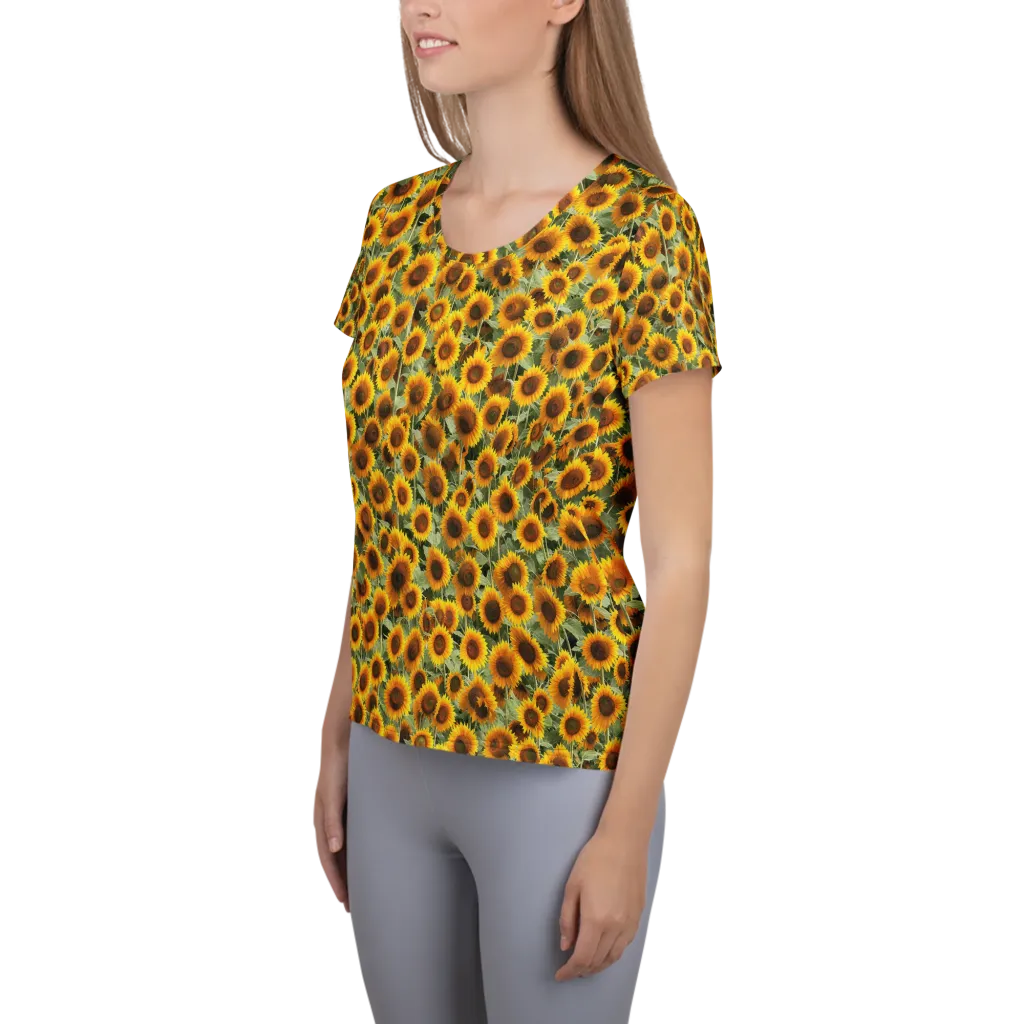 Golden Sunflower Meadow on Women's Athletic T-Shirt — Left