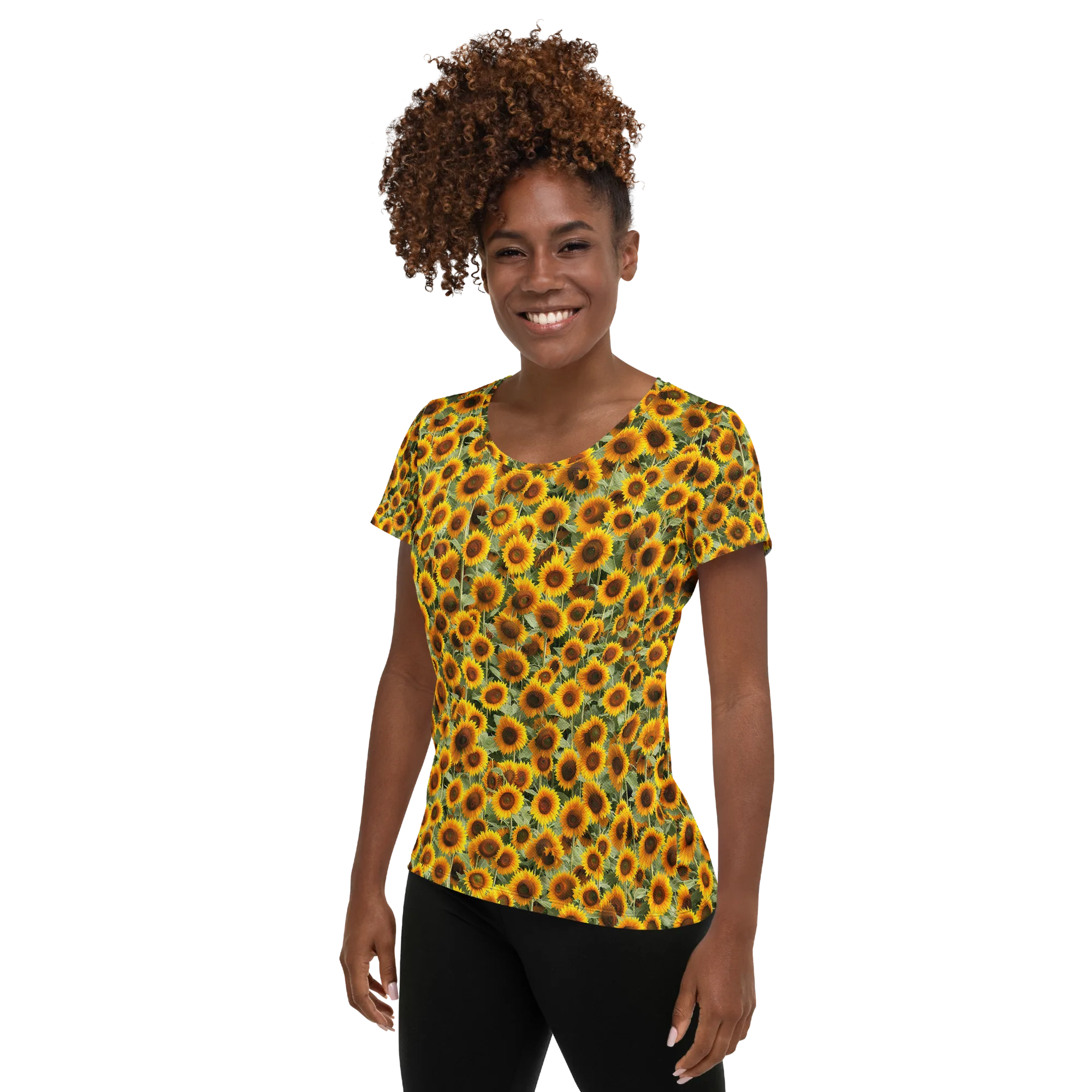 Golden Sunflower Meadow on Women's Athletic T-Shirt — Left