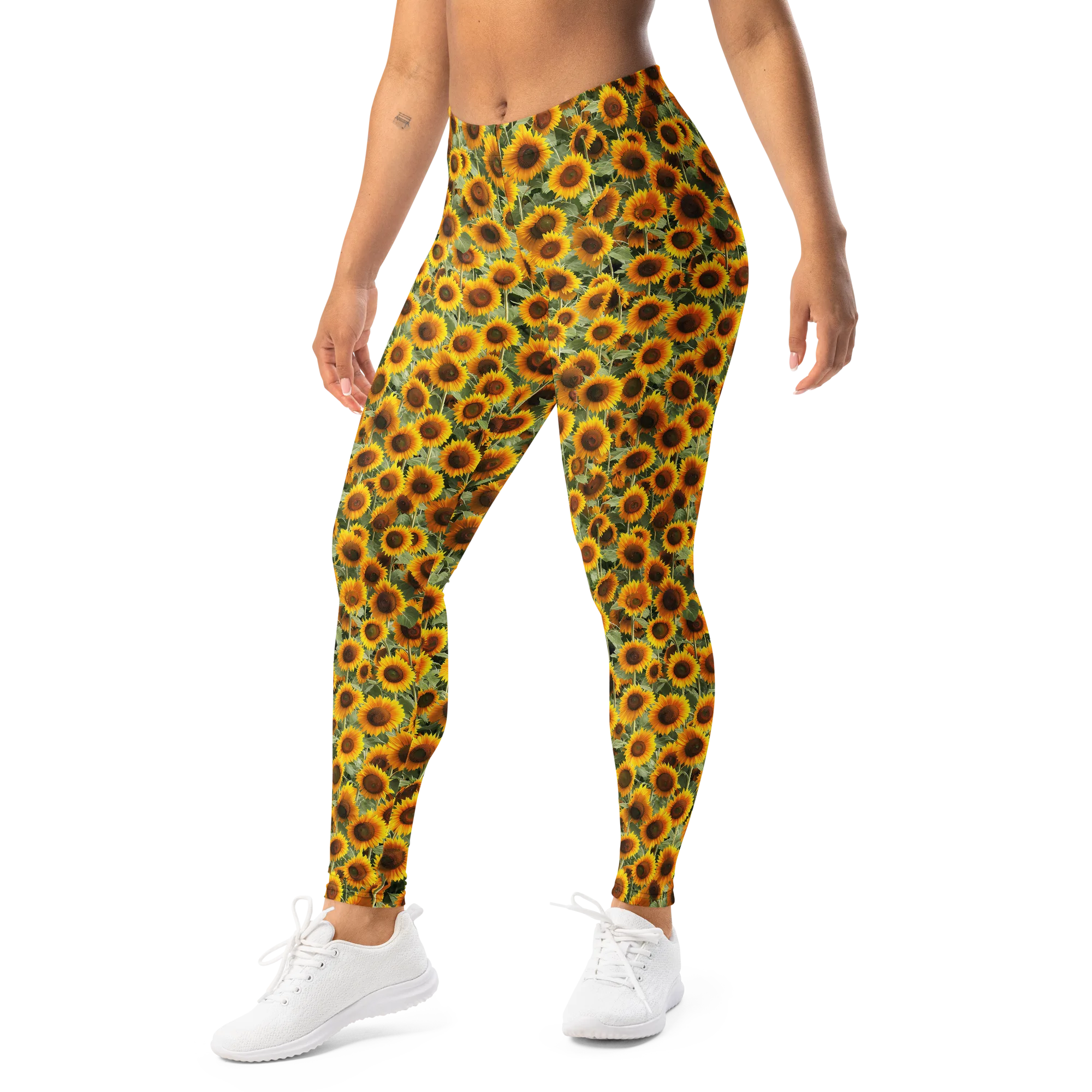Golden Sunflower Meadow on Leggings — Left Front