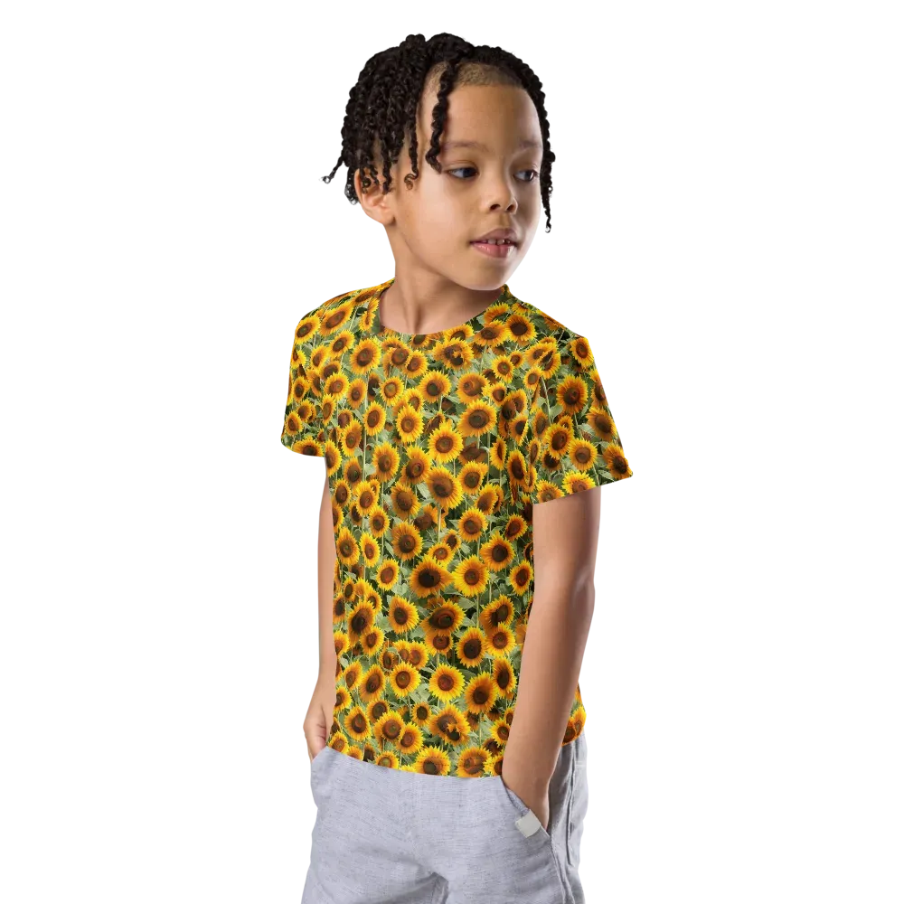 Golden Sunflower Meadow on Kids Crew Neck T-Shirt — Left Front