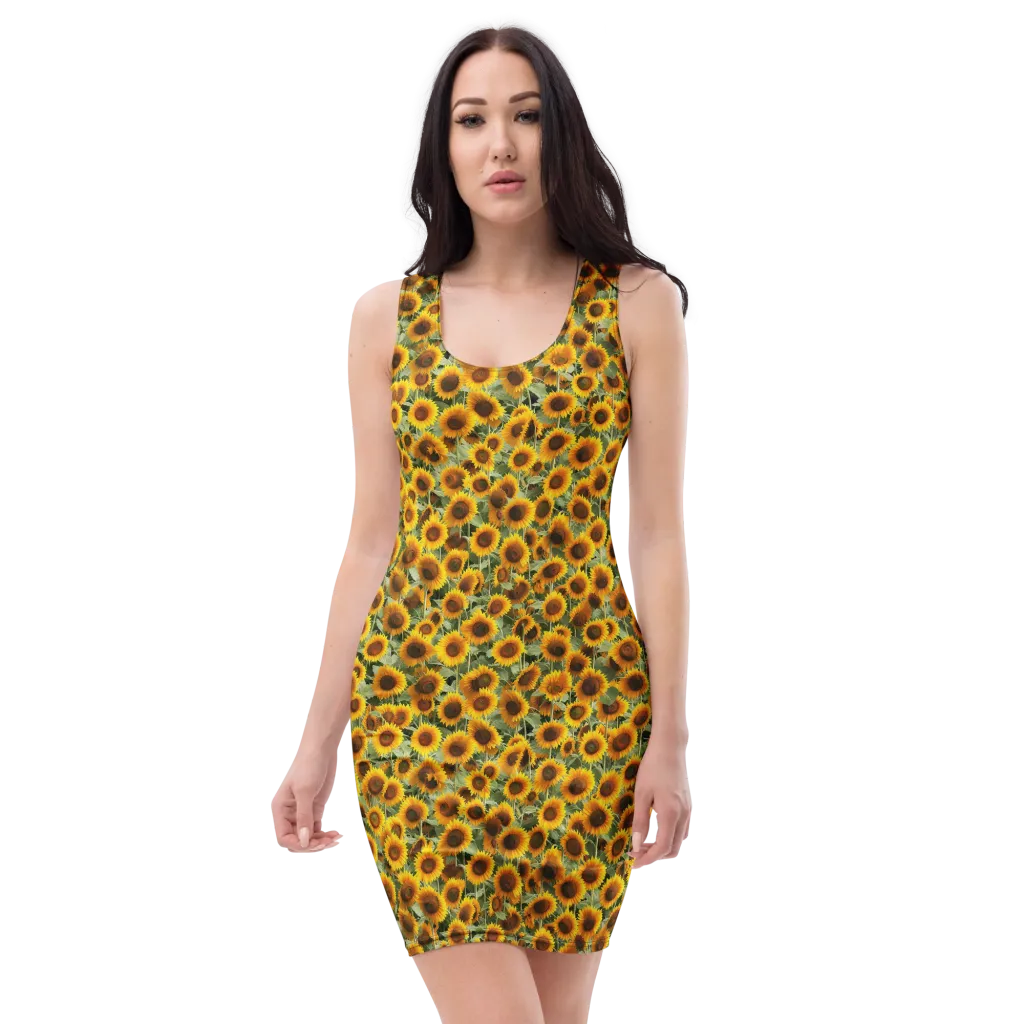Golden Sunflower Meadow on Bodycon Dress — Front