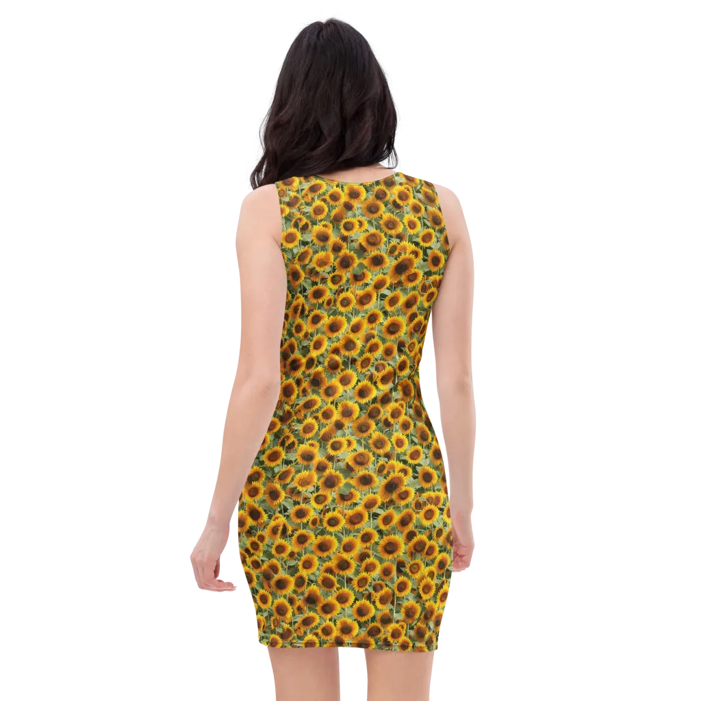 Golden Sunflower Meadow on Bodycon Dress — Back