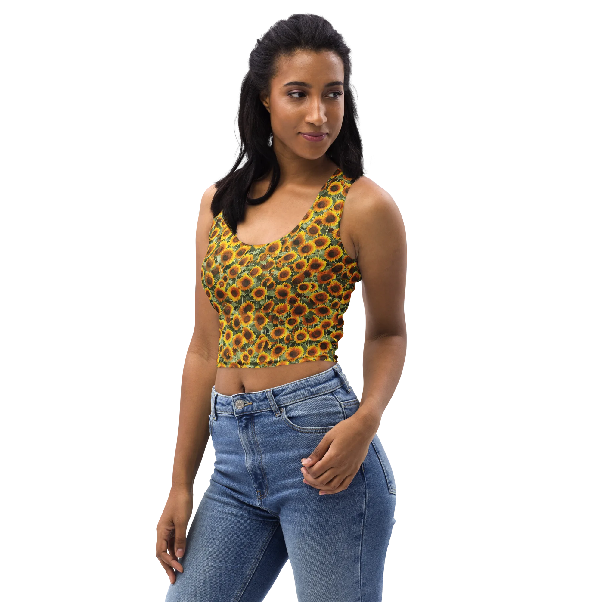 Golden Sunflower Meadow on Crop Top — Left Front
