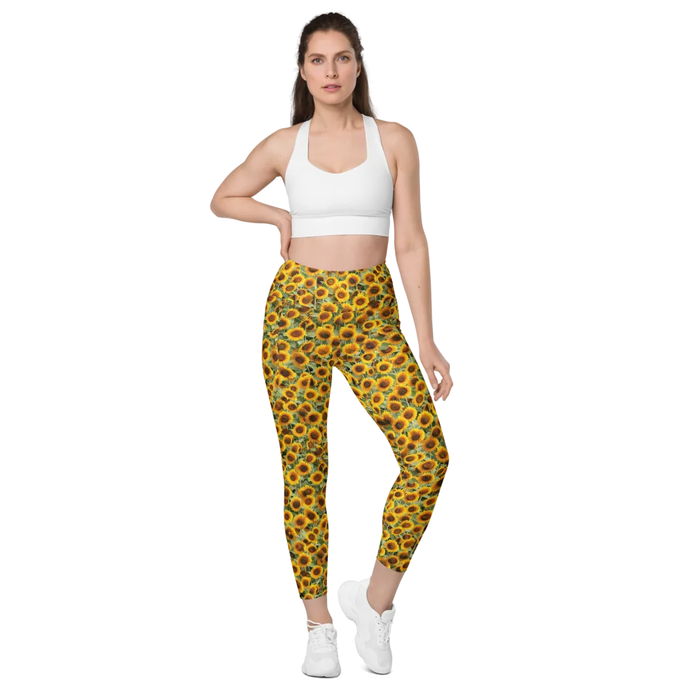 Golden Sunflower Meadow on Leggings with Pockets — Front