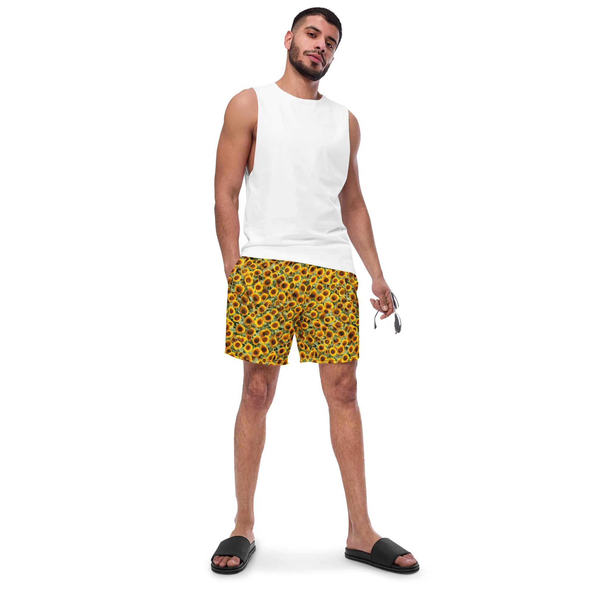 Golden Sunflower Meadow on Swim Trunks — Front