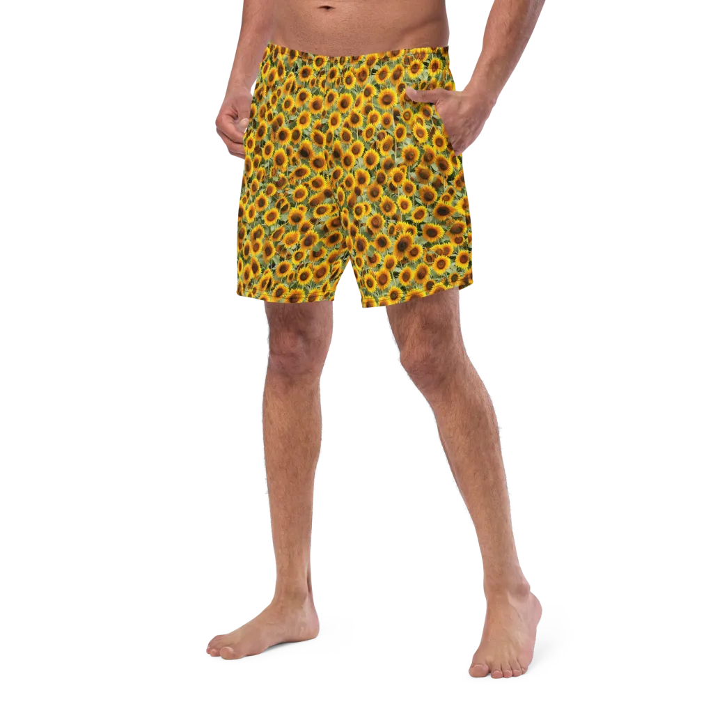 Golden Sunflower Meadow on Swim Trunks — Left Front
