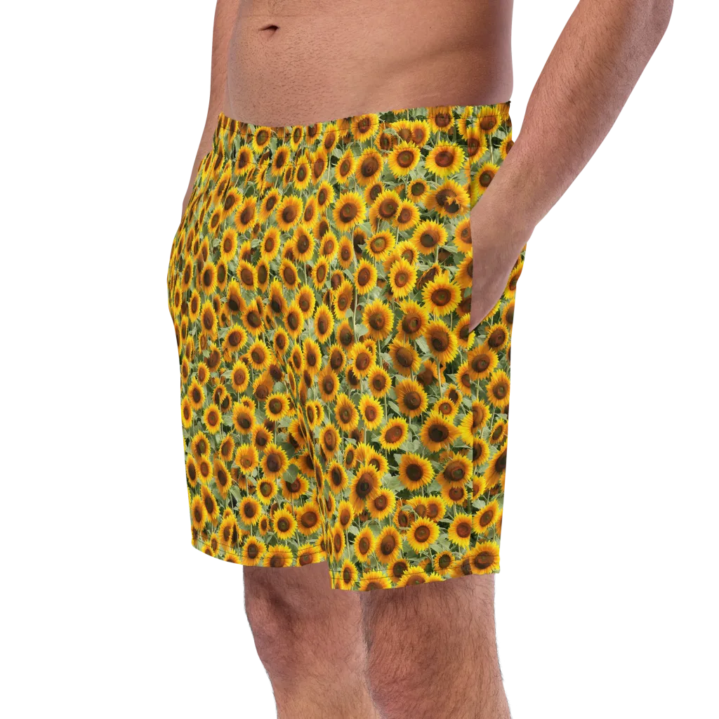 Golden Sunflower Meadow on Swim Trunks — Left Front