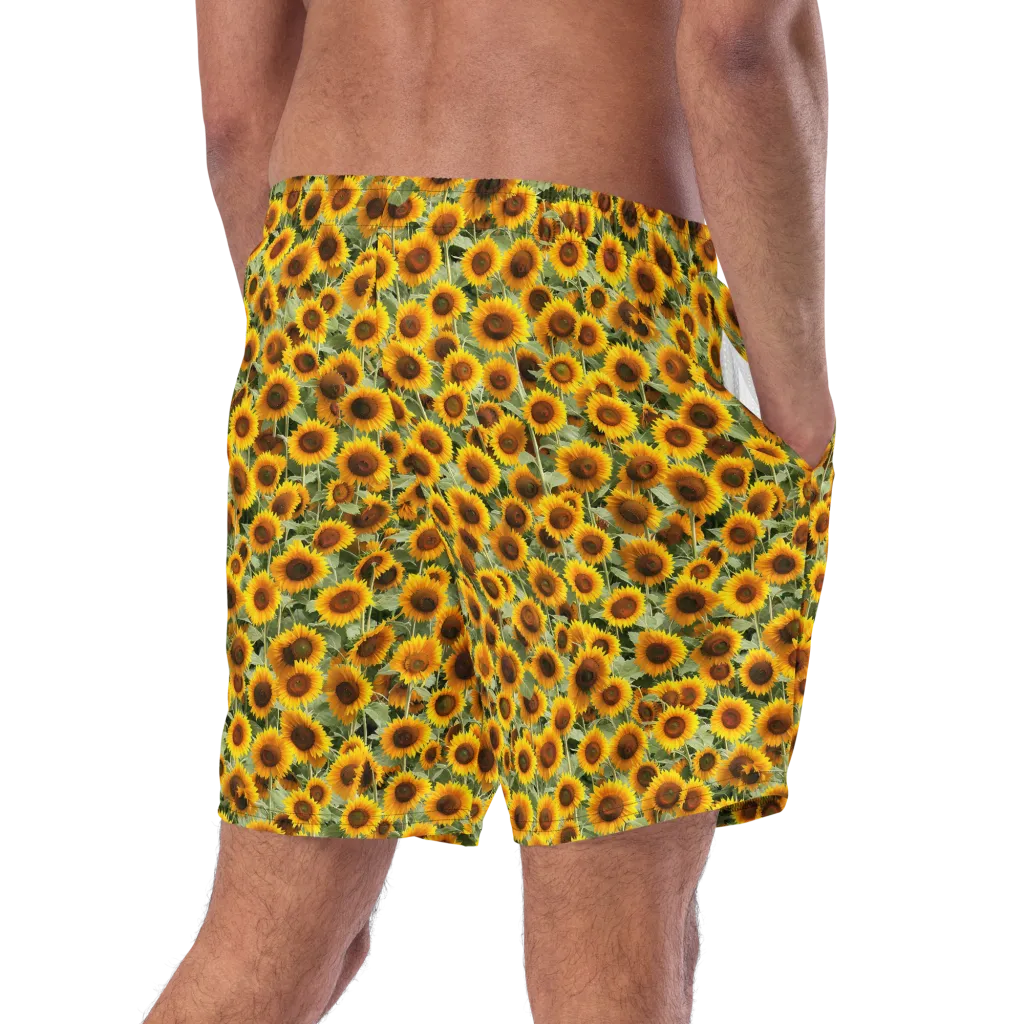 Golden Sunflower Meadow on Swim Trunks — Right Back