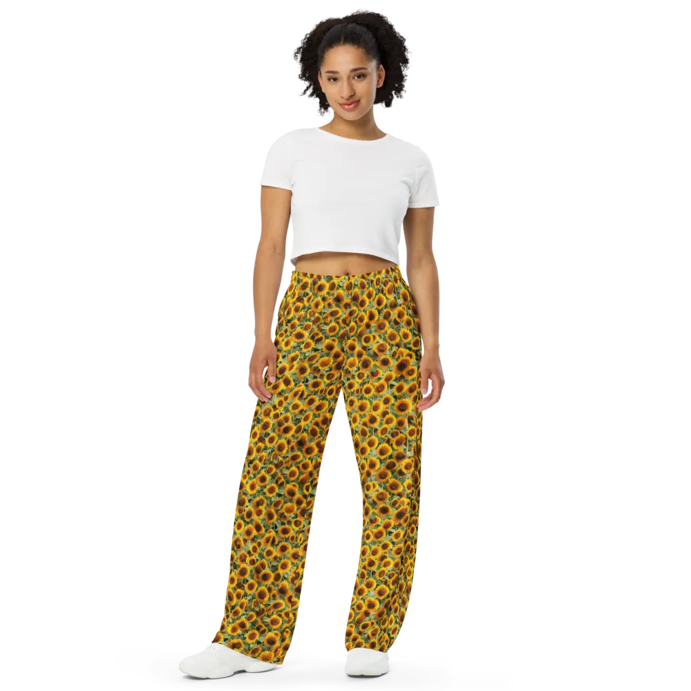 Golden Sunflower Meadow on Wide-Leg Pants — Front