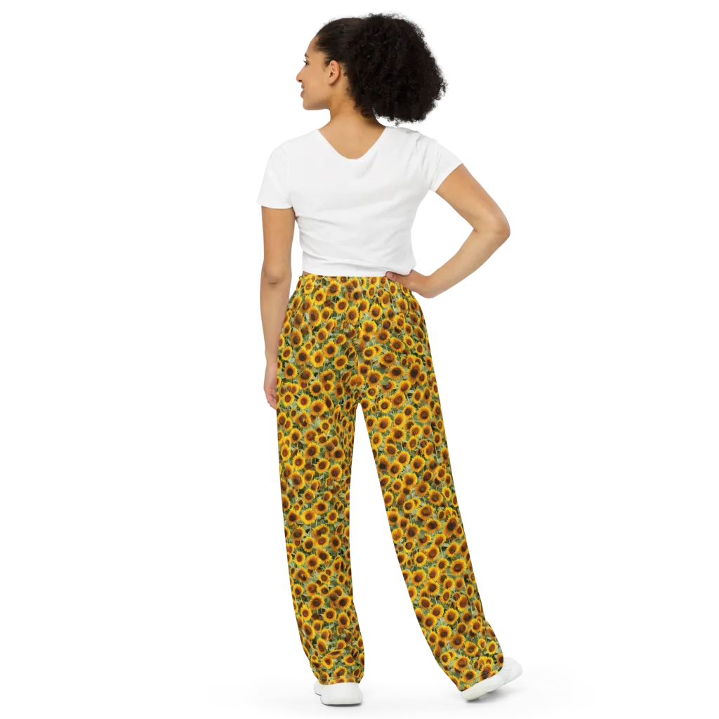 Golden Sunflower Meadow on Wide-Leg Pants — Back