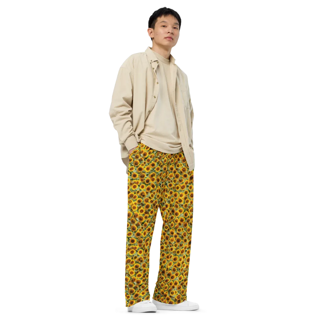 Golden Sunflower Meadow on Wide-Leg Pants — Right Front