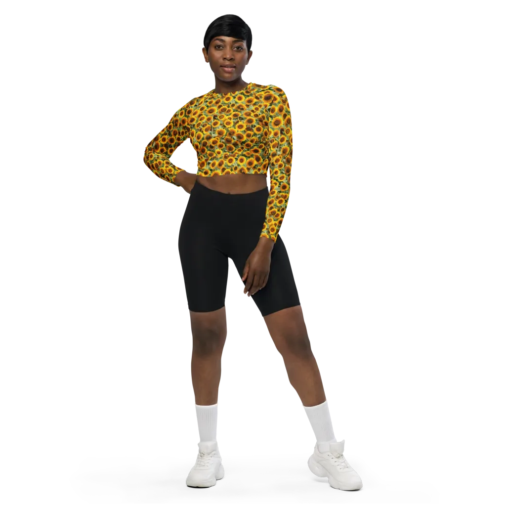 Golden Sunflower Meadow on Long Sleeve Crop Top — Front