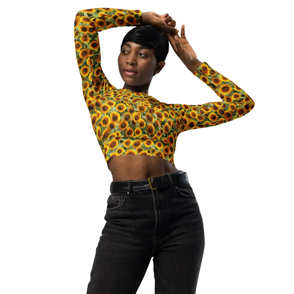 Golden Sunflower Meadow on Long Sleeve Crop Top — Front
