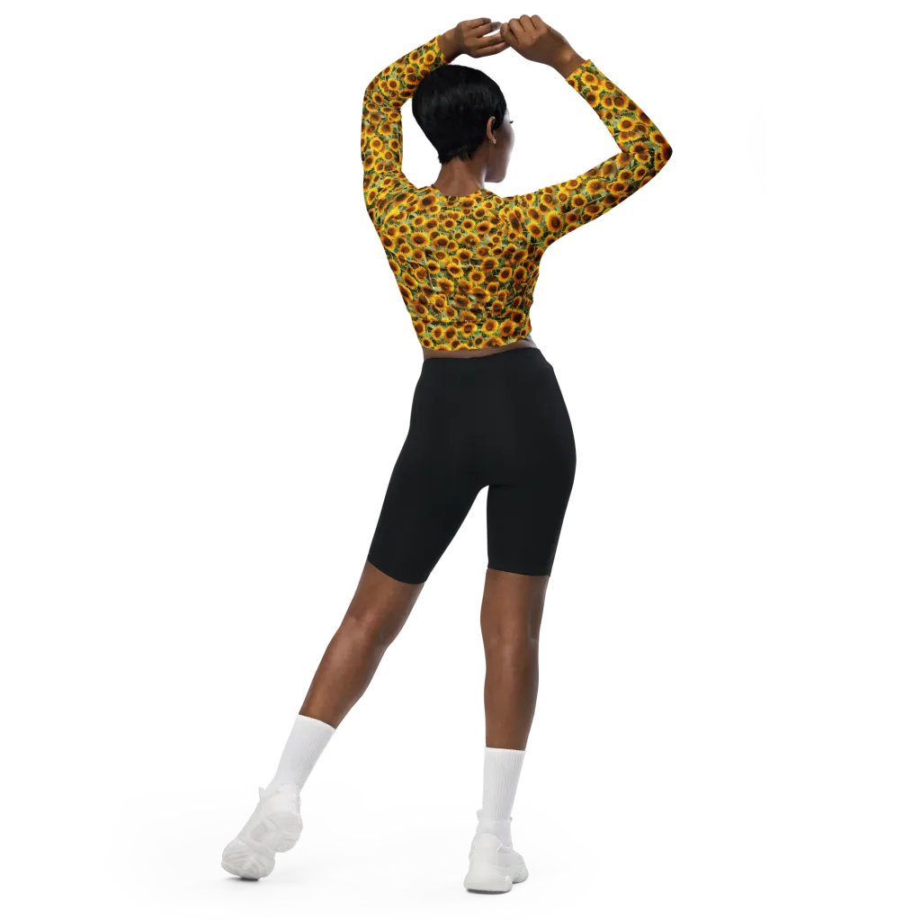 Golden Sunflower Meadow on Long Sleeve Crop Top — Back