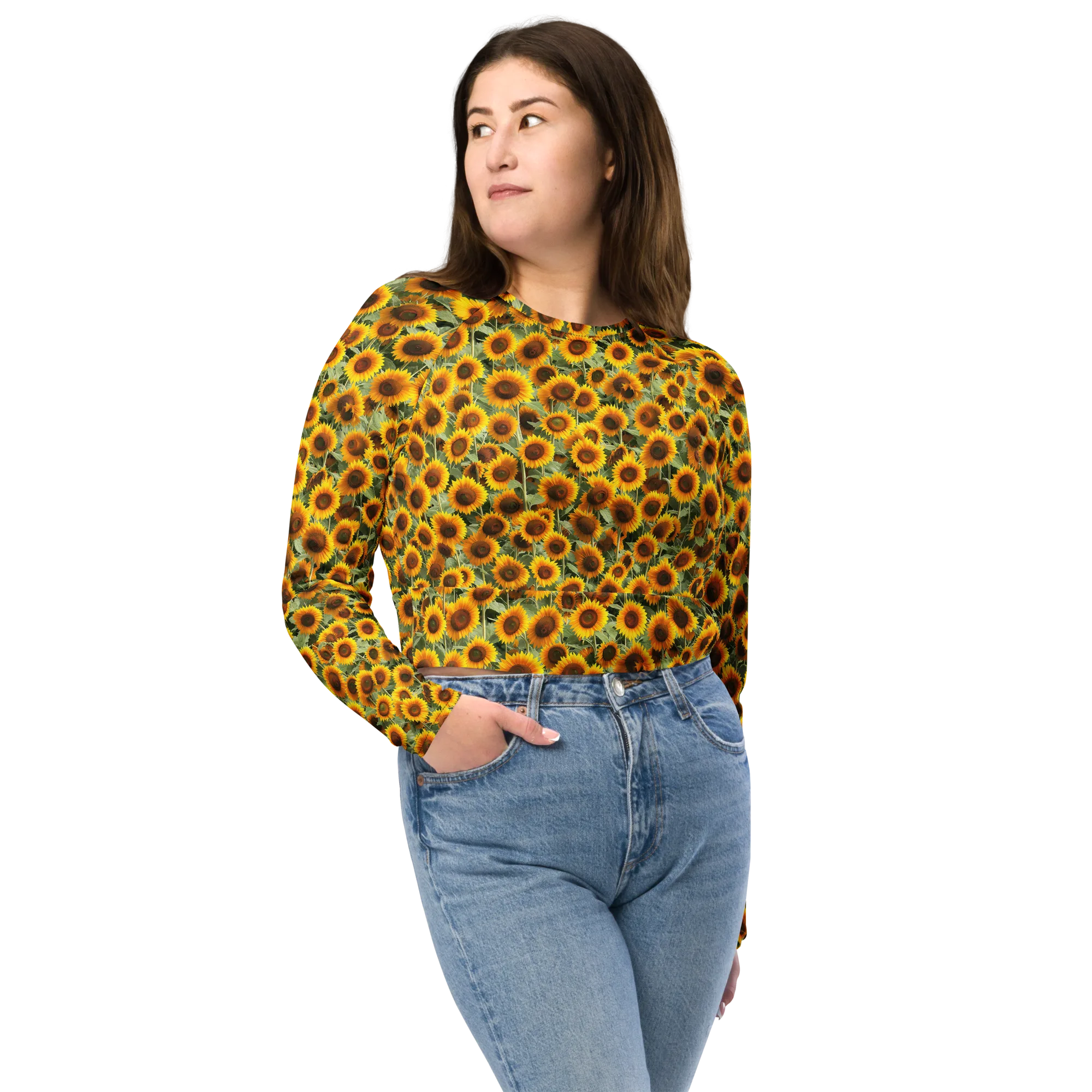 Golden Sunflower Meadow on Long Sleeve Crop Top — Front