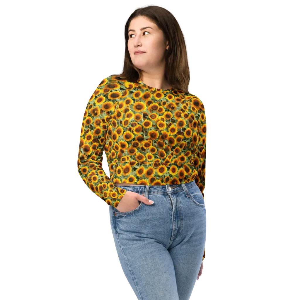 Golden Sunflower Meadow on Long Sleeve Crop Top — Front