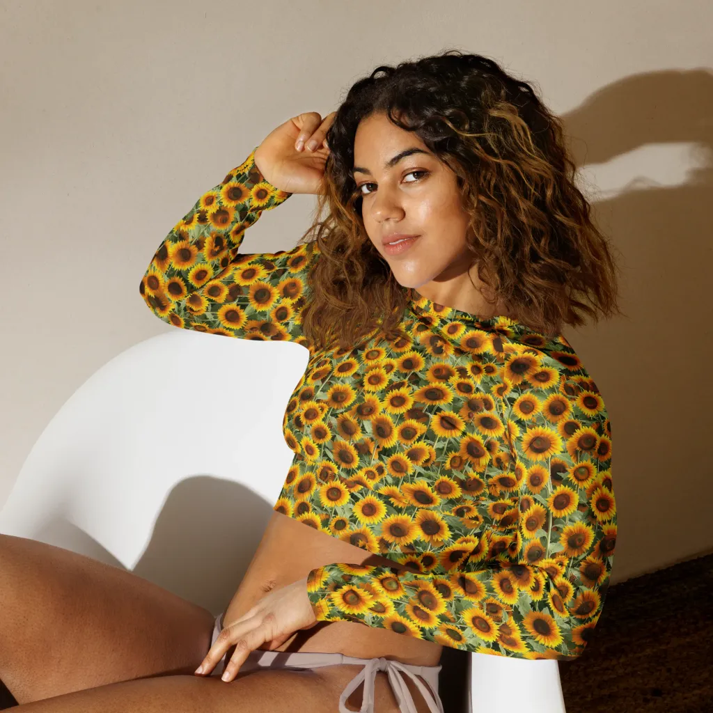 Golden Sunflower Meadow on Long Sleeve Crop Top — Left Front