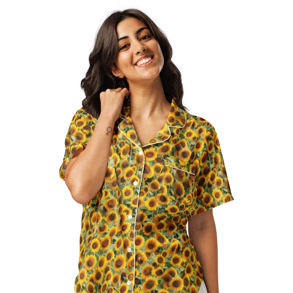 Golden Sunflower Meadow on Women's Short Sleeve Pajama Top — Front