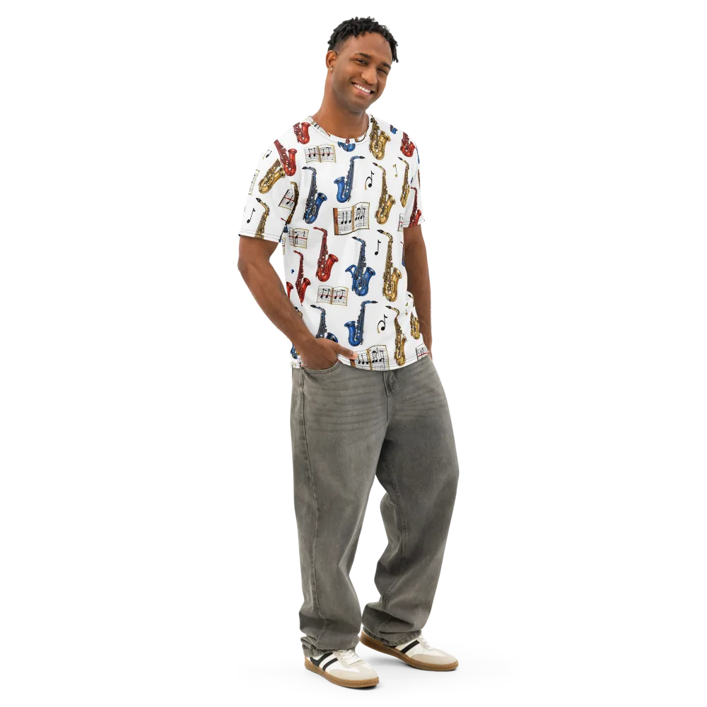 Saxophone Serenade on Men's Cotton Crew Neck T-Shirt — Right Front