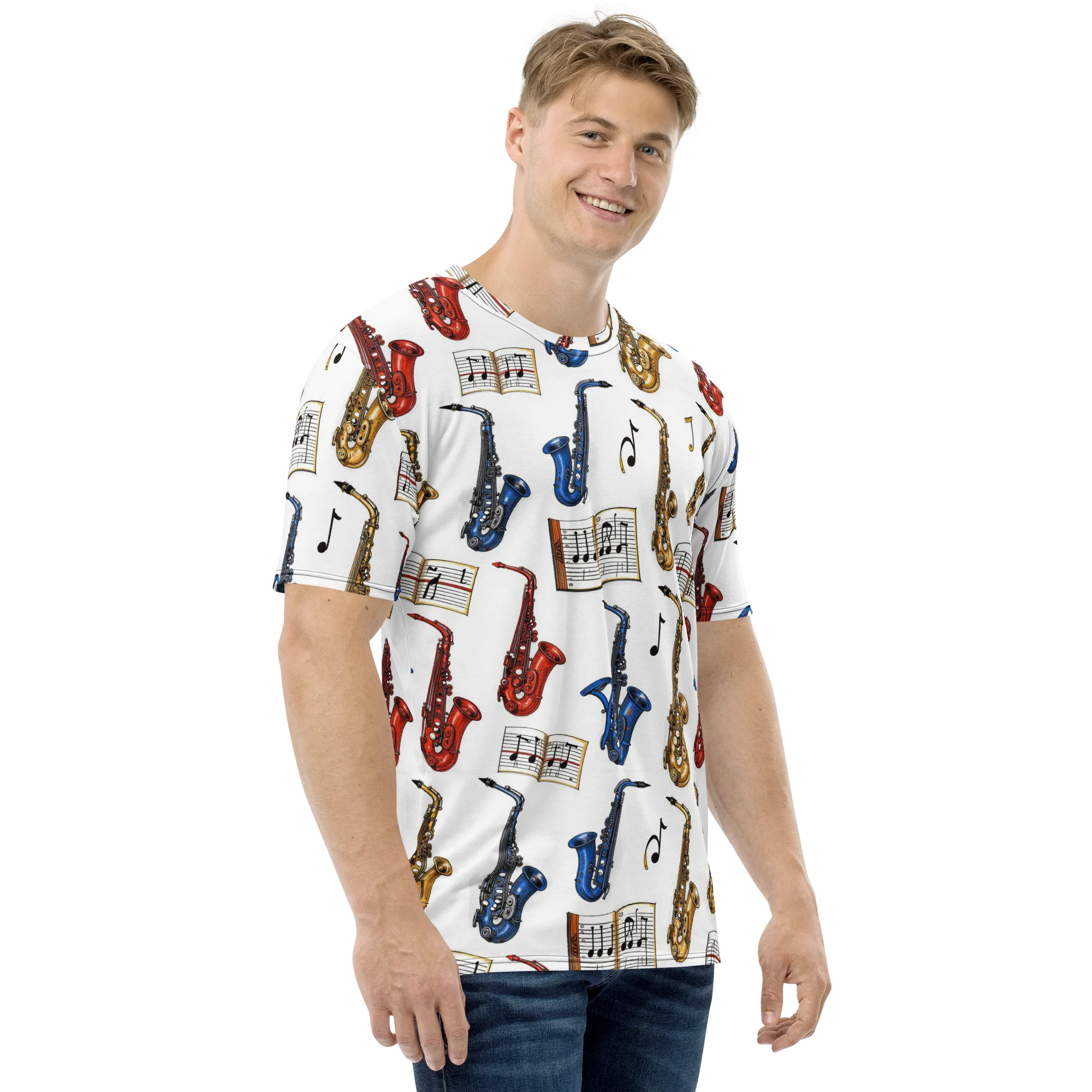 Saxophone Serenade on Men's Crew Neck T-Shirt — Right