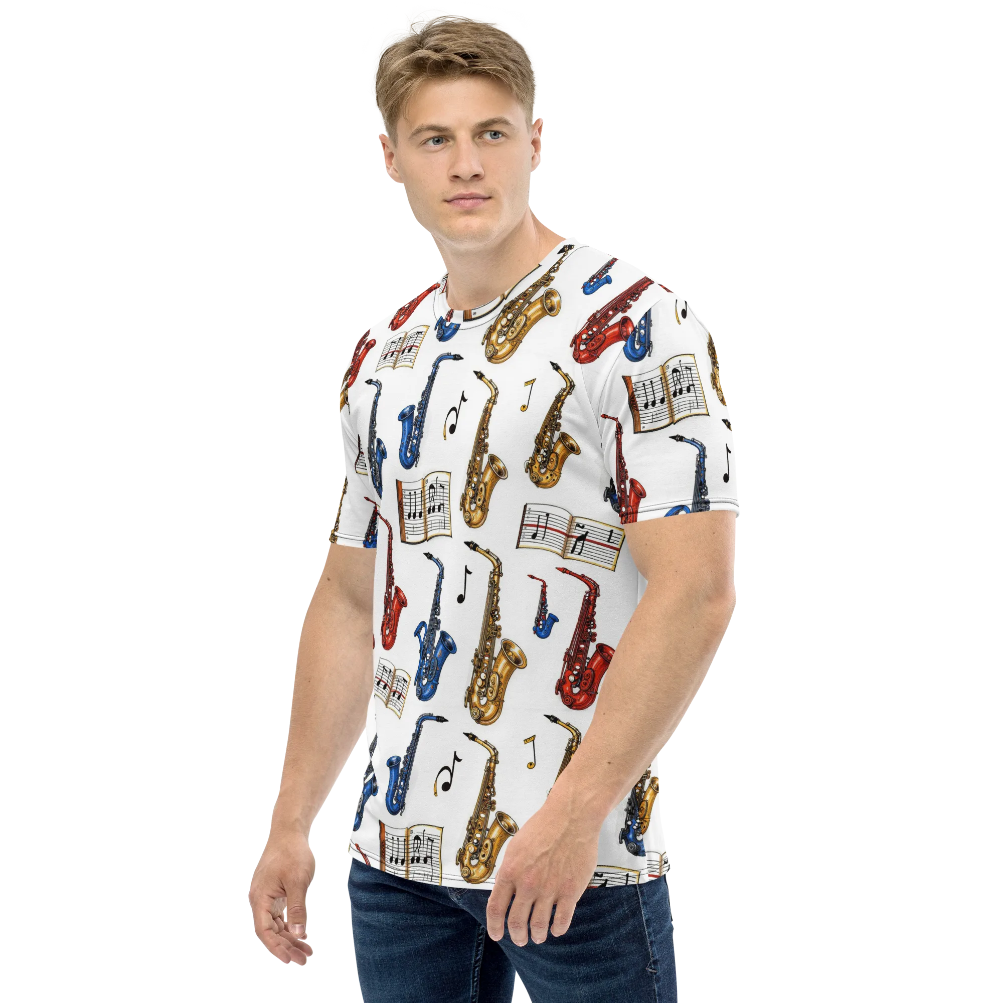 Saxophone Serenade on Men's Crew Neck T-Shirt — Left