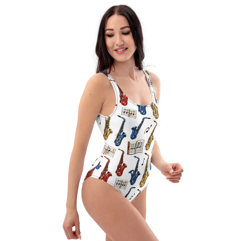 Saxophone Serenade on One-Piece Swimsuit — Right