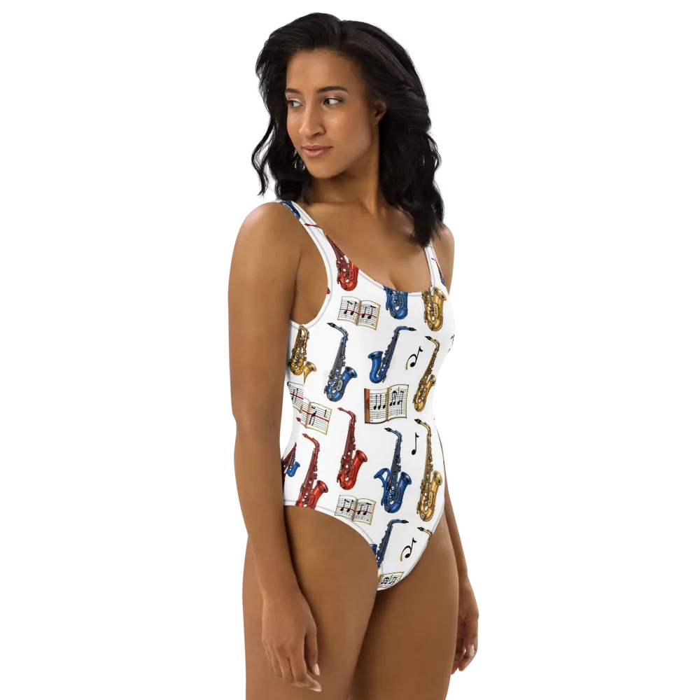 Saxophone Serenade on One-Piece Swimsuit — Right